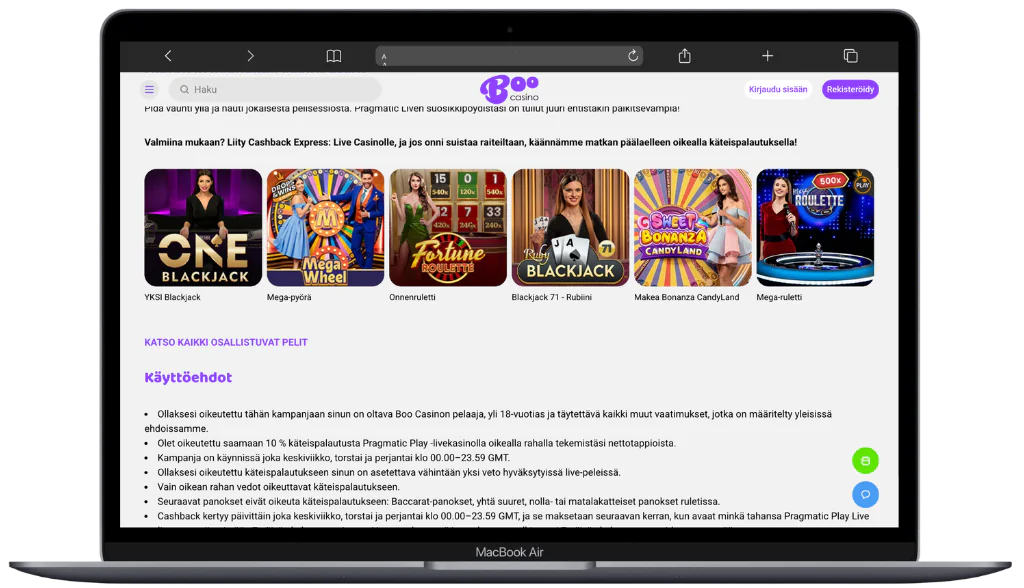 Boo Casinon etusivu peleineen ja bonusehtoineen