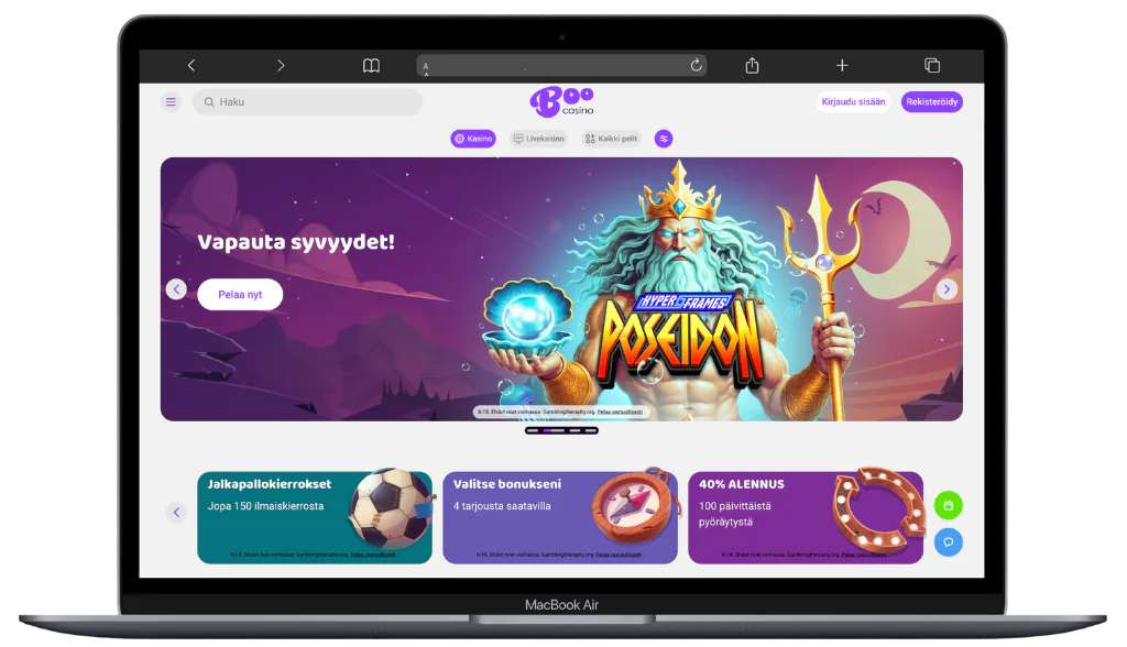 Boo Casino -kotisivu, jossa näkyy kampanjatarjoukset: Pick My Bonus, 40% OFF ja Game of the Week
