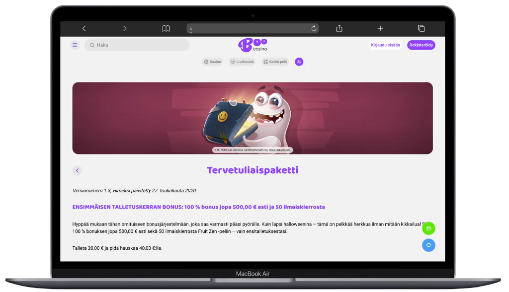 Boo Casino tervetuliaispaketti: kolme talletusta, yhteensä €1 000 bonus ja 150 ilmaiskierrosta